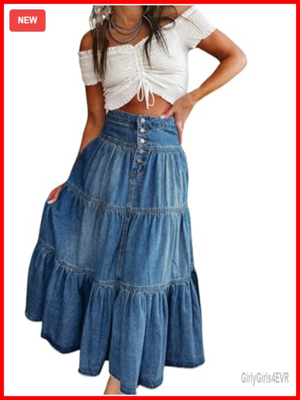 High Waist Tiered Ruffle A-Line Denim Maxi Skirt Button-Fly Pockets